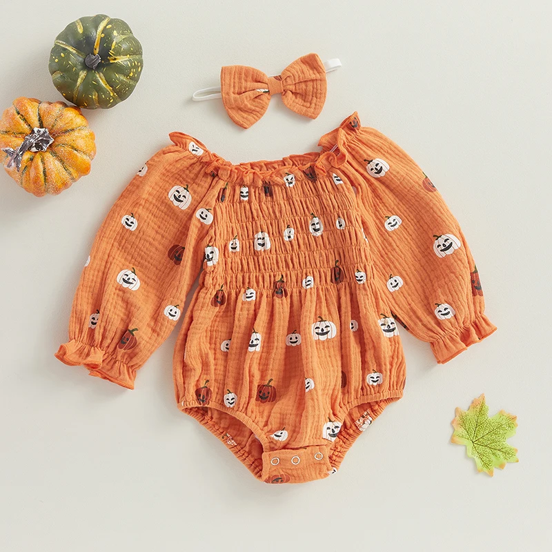 

Soft Cotton Casual Long Sleeve Infant Baby Girls Jumpsuit Cute Pumpkin Print Ruched Romper+Bow Headband Kids Halloween Costumes