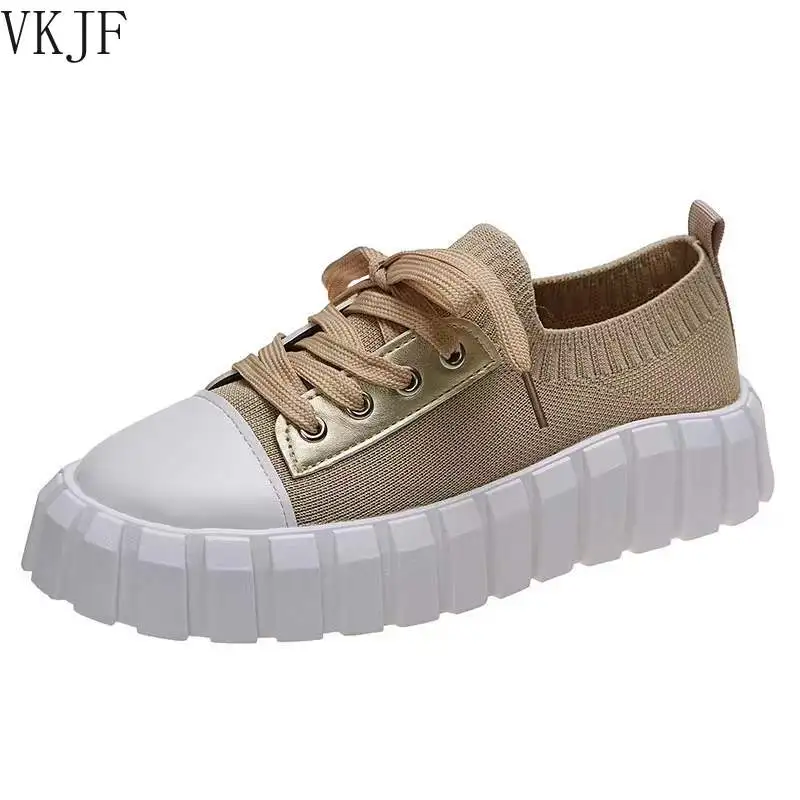 

Женская спортивная обувь, новинка весны 2022, эластичная ткань, на шнуровке, на толстой подошве, Вулканизированная подошва, удобная обувь на п...