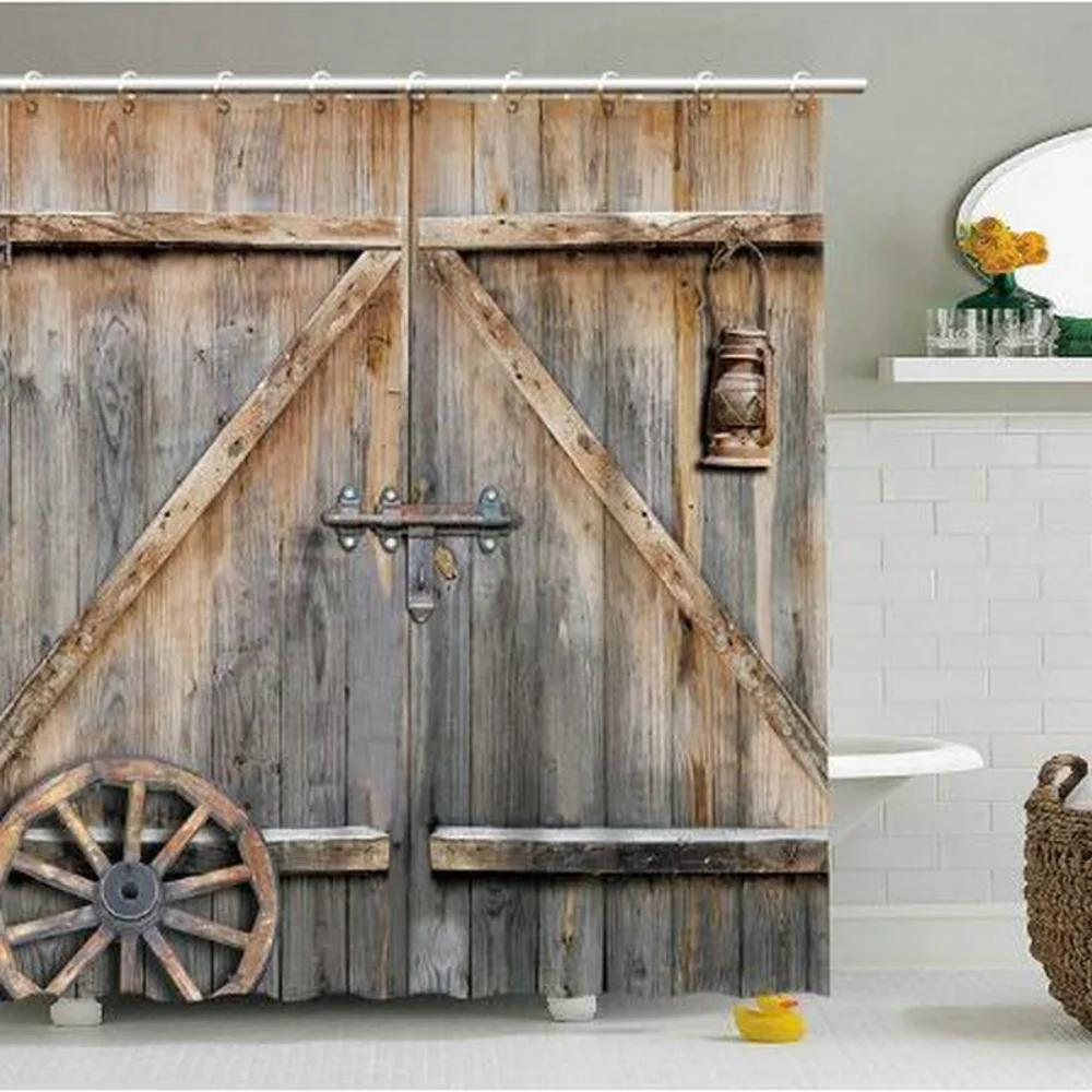 

Retro Rustic Barn Door Shower Curtains Antique Wooden Door Farmhouse Woodland Farm Hooks Decor Bath Curtain Bathroom Accessories