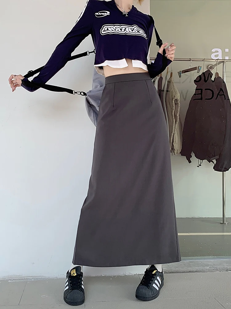 

High Quality High Waist Maxi Long Skirts For Women Vintage Korean Style Skirts Womens Streetwear Back Slit Solid Suit Jupe Femme