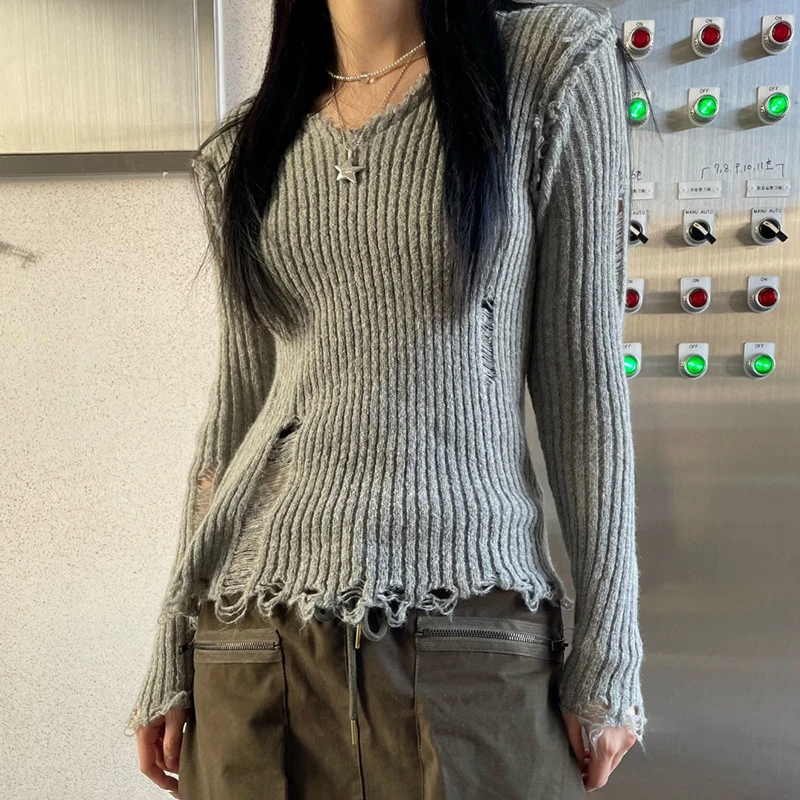 

Spring Fashion Slim Solid Color Holes Long Sleeve V-neck Casual Short Knitted Pullovers Sweaters Women Girl Knitwear Top Black