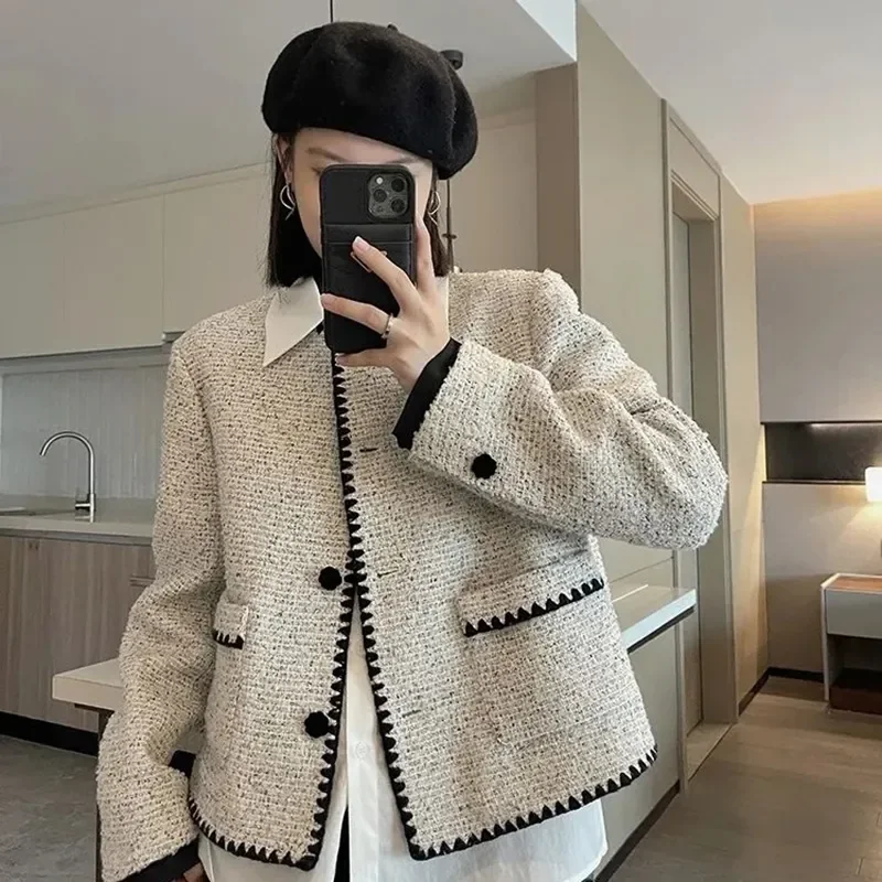 

Tweed Jackets Women Vintage Short Coats Autumn Winter Office Lady Korean Streetwear Fashion Outerwear Tops New