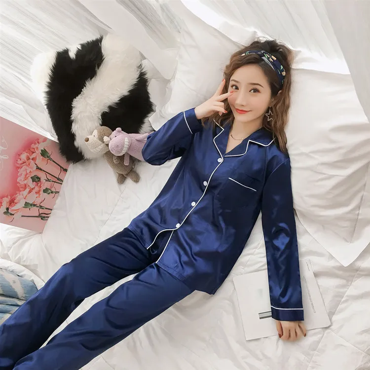 Satin Pajamas Female Women Summer Spring Autumn Long Sleeve Two Piece Suit Botton Solid Color Outdoor Home Clothes Sleep Wear