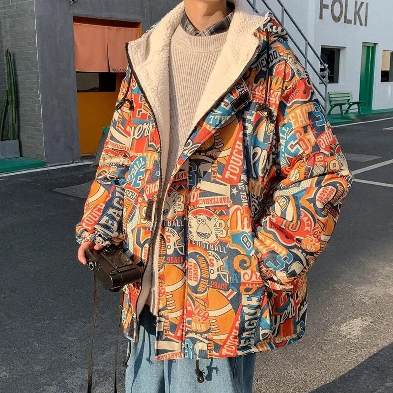 Men Graffiti Print Padded Jacket Harajuku Casual Faux Lamb Wool Cotton Coat  Winter 2022 Male Loose Hip Hop Hooded Outerwear