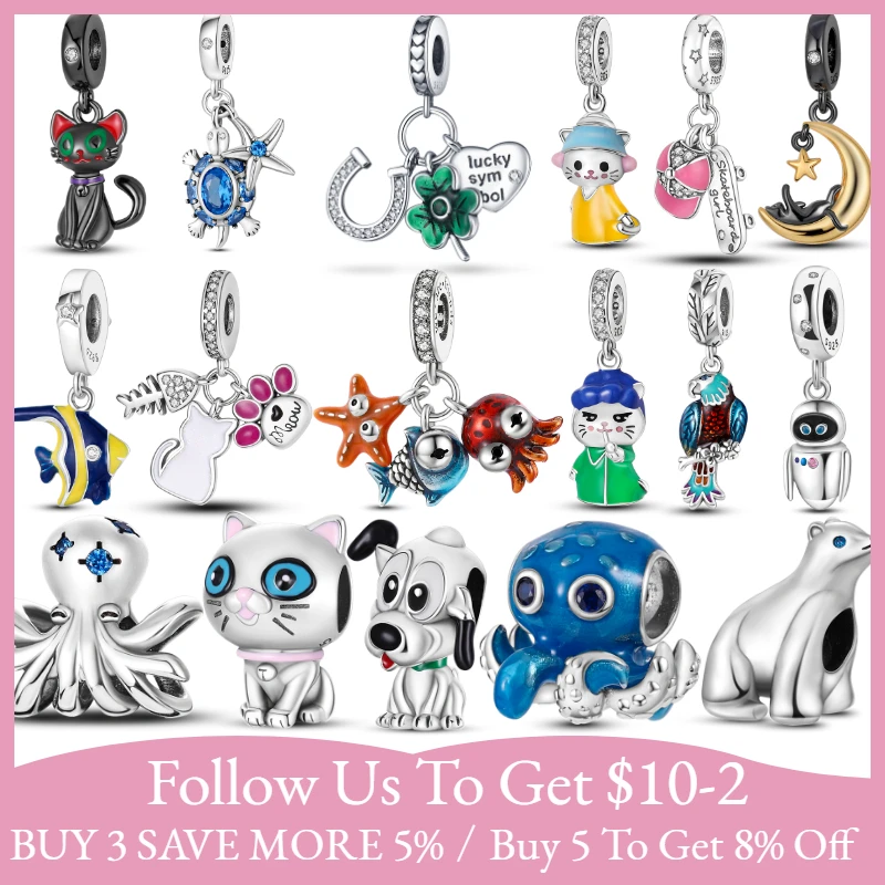 

925 Plata De Ley Marine Life Animal Charms& Kitty Dog Beads Fit Pandora 925 Original Bracelet Fashion DIY Woman Jewelry Making