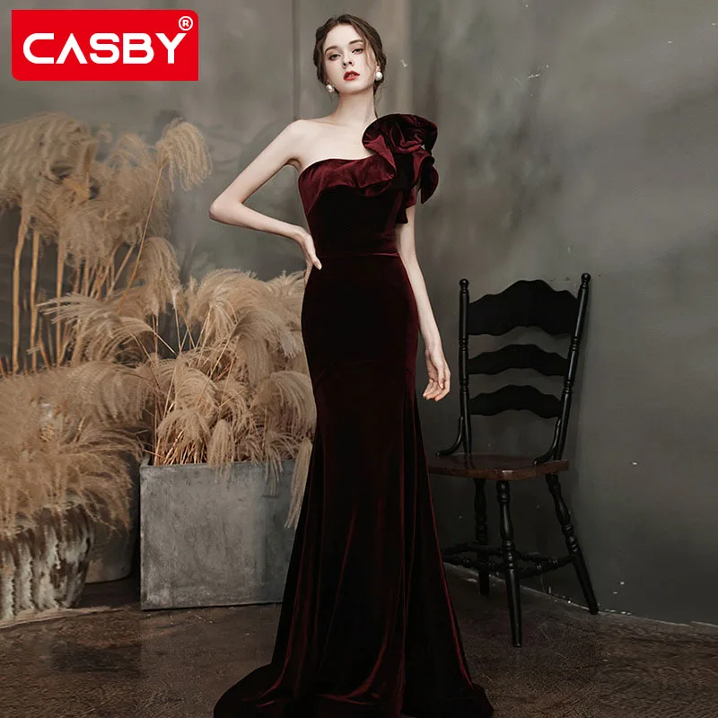 

Casby Sexy One Shoulder Mermaid Vestidos De Fiesta Velvet Prom Dresses Rose Wine Trumpet Party Dresses Side Split Evening Dress