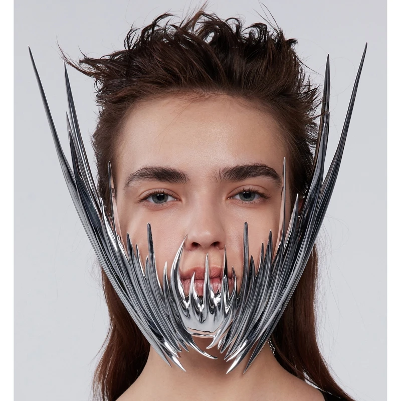 Luxury Cyber Punk Rock Mask Liquid Irregular Silver Color Hollow Exaggerate Facial Earring For Women Men Party Perform Jewelry