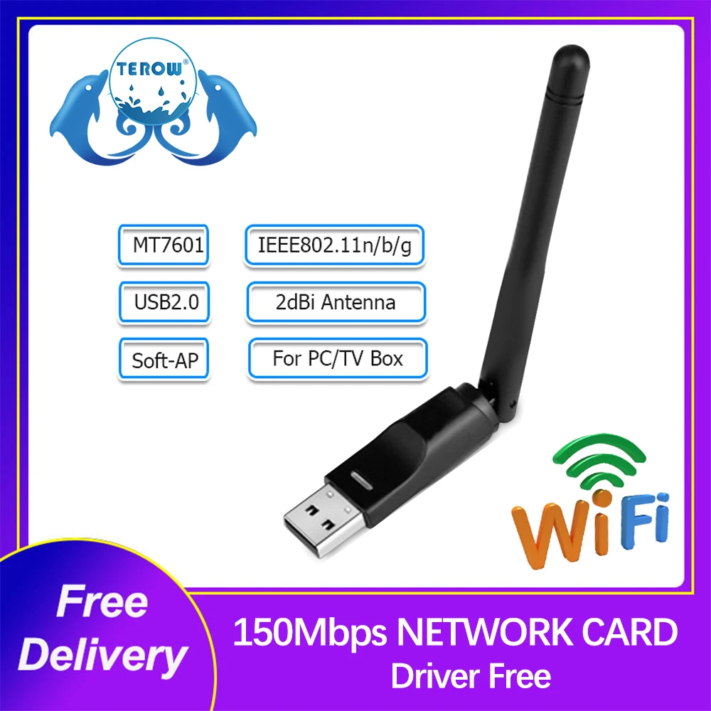TEROW 150Mbps USB Wifi Adapter MT7601 ANT Wireless Receiver USB2.0 Network Card 2dBi Antenna for Desktop/Laptop/TV Box - Цена: 302.92