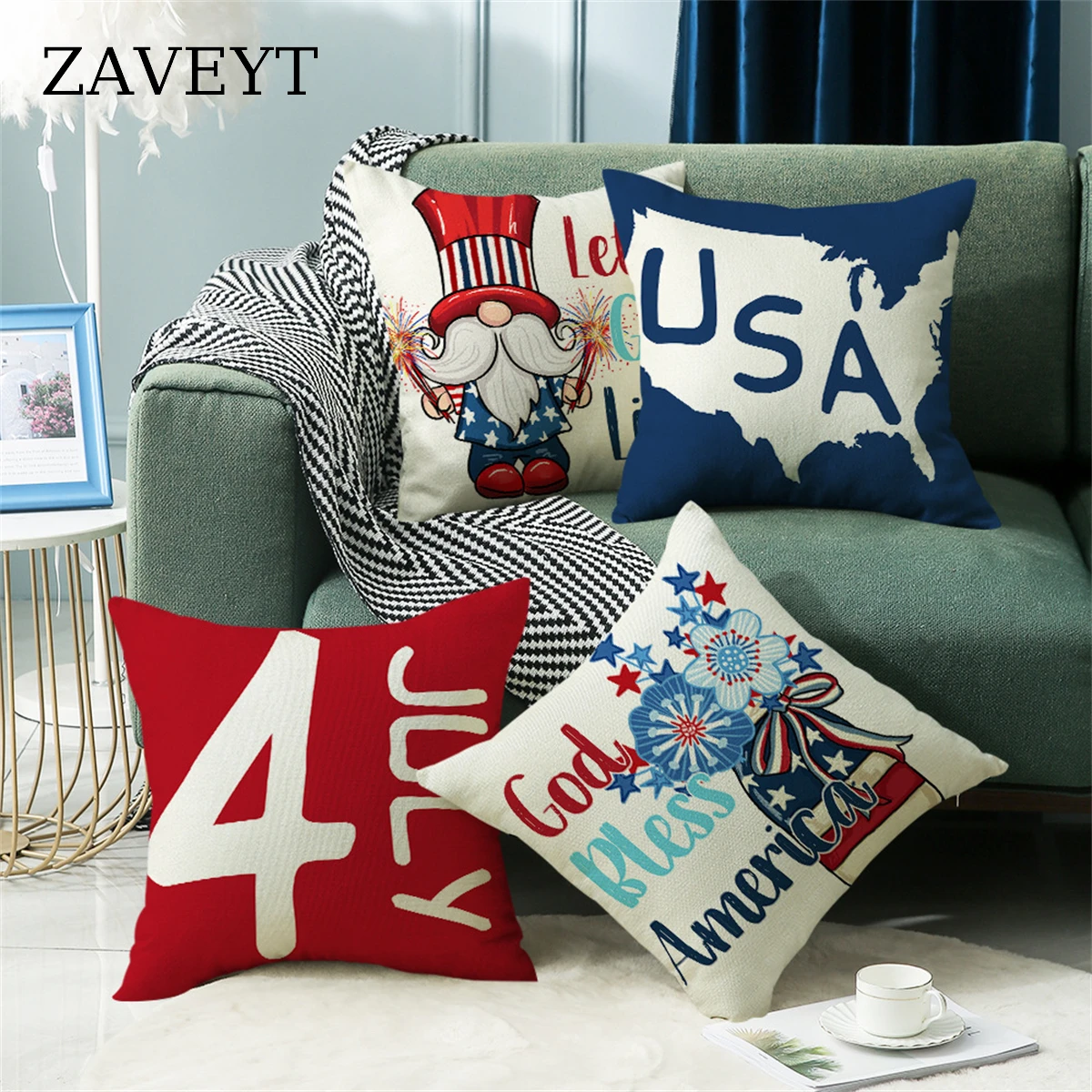 

ZAVEYT Hot Independence Day Of The United States Linen Cushion Cover Square Decorative Throw Pillow Case For Sofa Bed 45x45