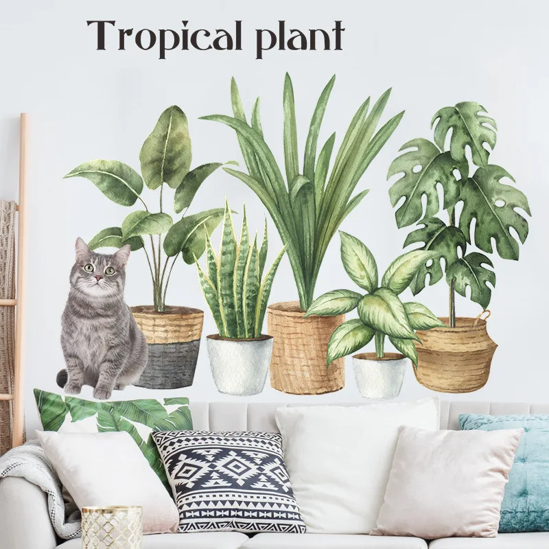 

Cartoon Kitten Tropical Plants Potted Wall Stickers Bedroom Living Room Children's Room Removable Wall Art Decals Home Decor