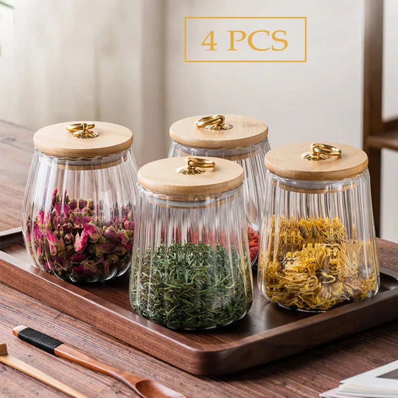 

Wood Lid Glass Airtight Canister Kitchen Storage Jar [ Preferential sets ] Food Container Grains Tea Can Coffee Beans Candy Jars