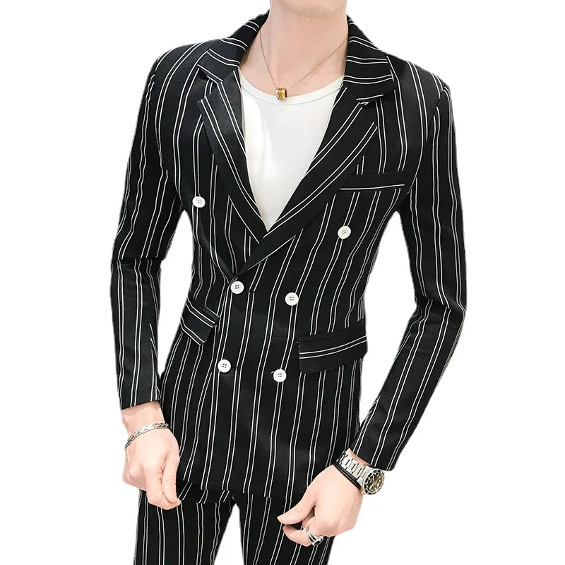 2023 Latest Black Green Pinkstripe Men Suit Set (Blazer+Pants) Fashion Slim Fit Korean Double Breasted Stripe Pattern Men Suit