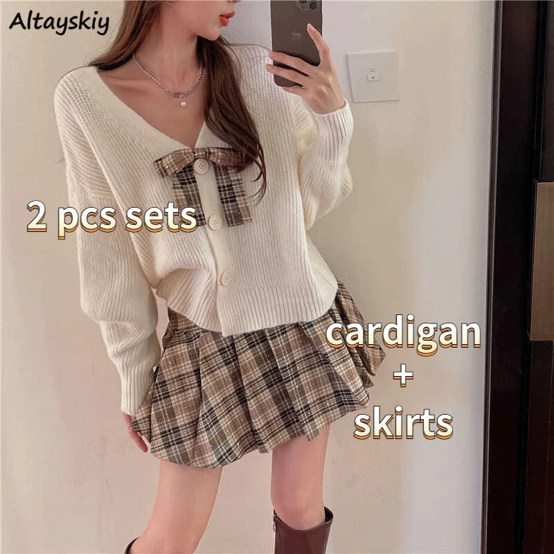 

Sets Women Loose Long Sleeve Spring V-Neck Laziness Cardigan Skirts 2 Pieces Fashion Casual Popular Hot Sale Chic Ulzzang Trendy