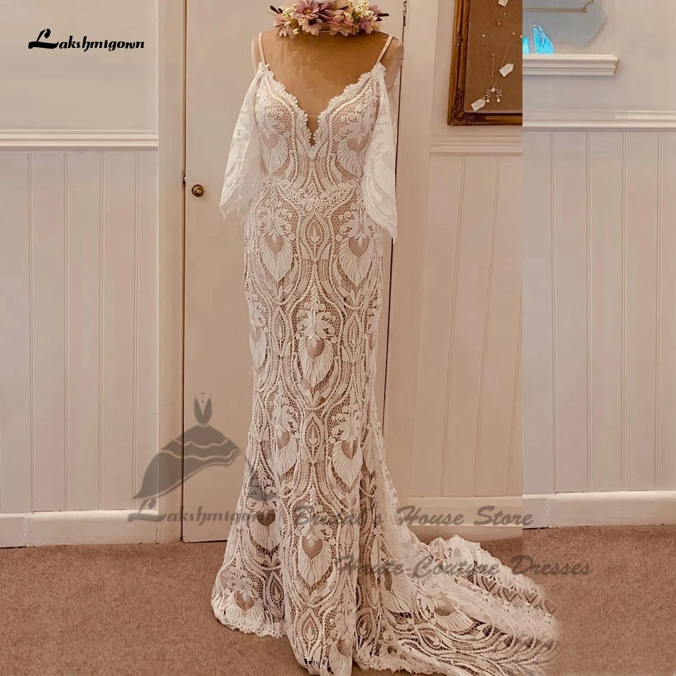 

Lakshmigown размера плюс кружевные свадебные платья в стиле бохо Vestidos Русалка 2024 простые пляжные свадебные платья на бретелях
