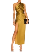 golden elegant satin women inclined shoulder evening dress high slit sexy cocktail dresses simple luxury design long stage dress
