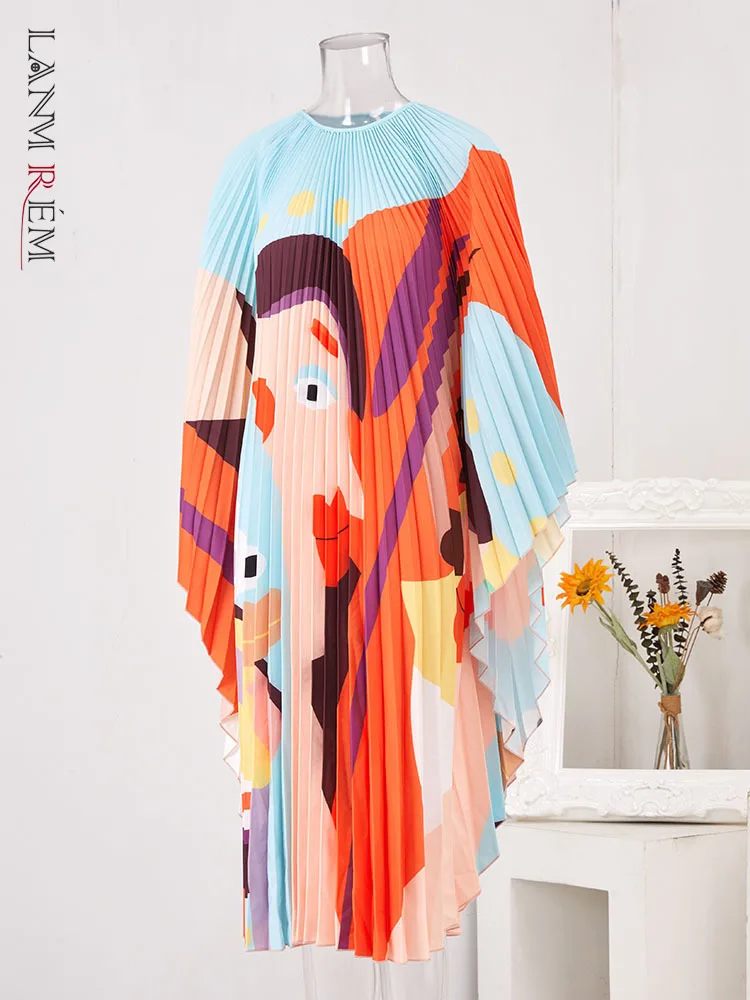 

LANMREM Fashion Printed Pleated Dress For Women Round Neck Long Batwing Sleeves Dresses Casual Female Clothing 2023 2YAa1211
