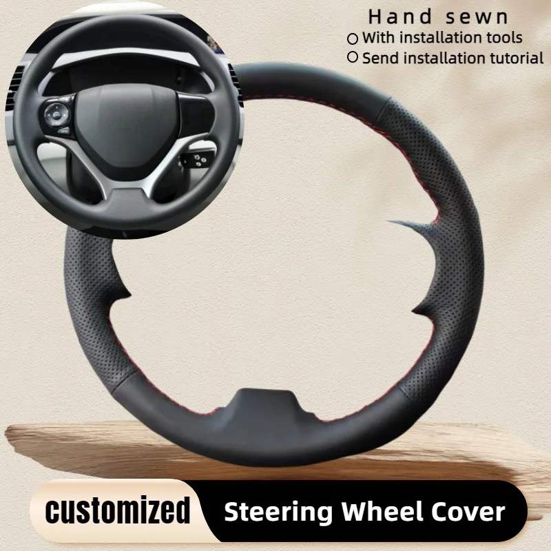 

Чехол на руль автомобиля на заказ для Honda Civic Civic 9 2012 2013 2014 2015, сшитый вручную черный кожаный аксессуар для салона автомобиля