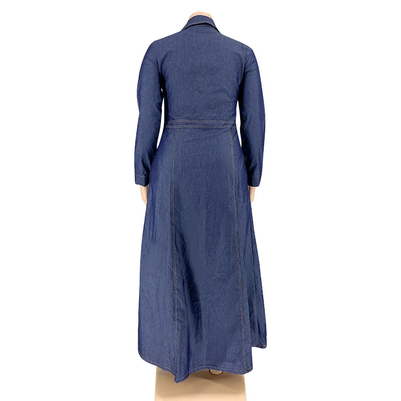 Plus Size Women Denim Dress Shirt Maxi Dress Sexy Lapel Neck Bottoned Long Dresses With Long Sleeves Vestidos De Mujer Casual