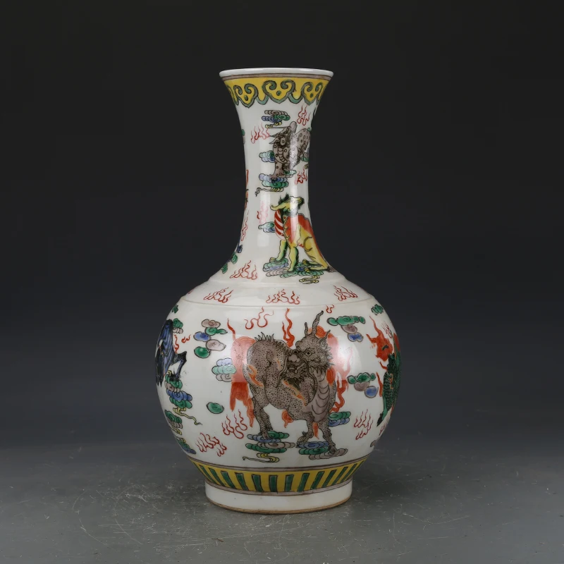 

Qing Vase Hand Paint Colorful Unicorn Lion Kylin Pattern Antique Chinese Vase Bottle Imitation Old Porcelain Kangxi Tall Vase