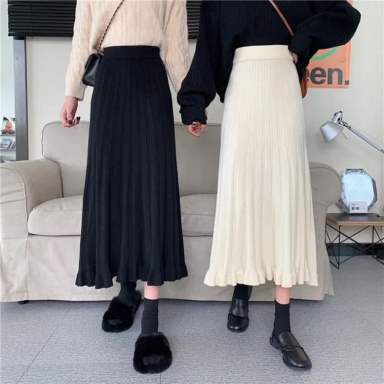 

Женская трикотажная юбка средней длины, элегантная офисная однотонная трапециевидная юбка с высокой талией на осень и зиму, удобная повседневная юбка для женщин, T363