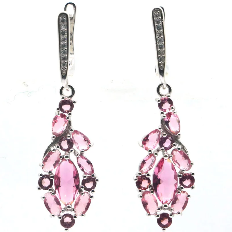 

44x12mm High Trendy Polished Shiny Pink Tourmaline London Blue Topaz White CZ 925 Solid Sterling Silver Earrings