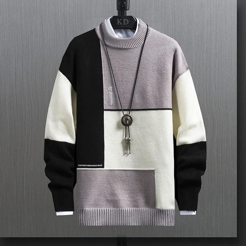 

Autumn and Winter Casual Pull Homme Sweater Slim Fit Patchwork Knitted Sweaters Mens Clothing Korean Version Trend Pullover Men