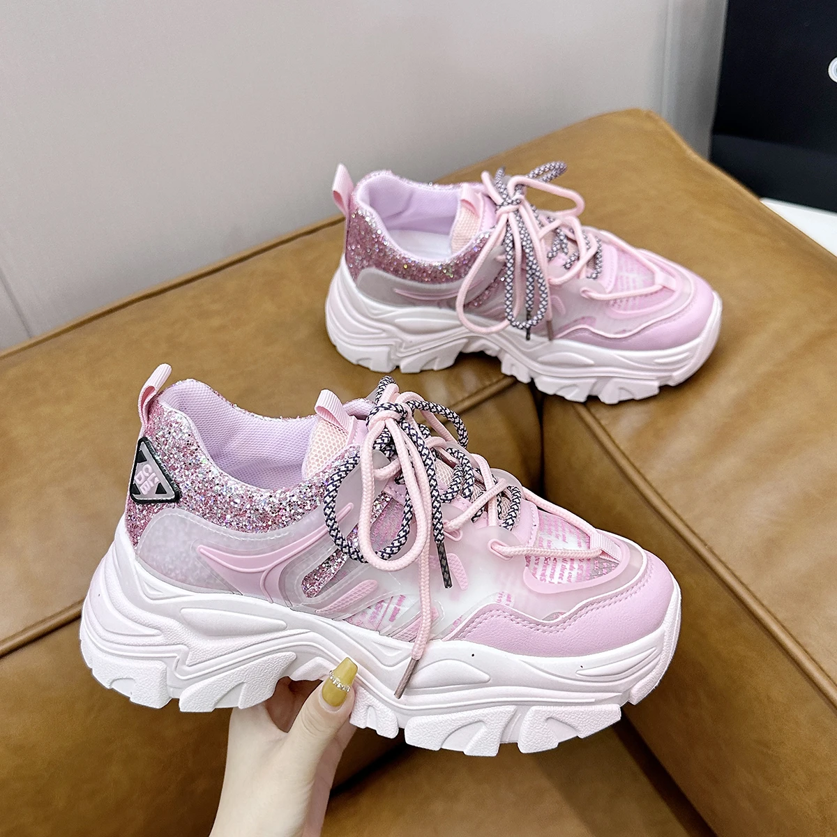 

Breathable Mesh Women's Vulcanize Shoes Bling Height Increasing Thick Bottom Jelly Sneakers Pink Blue Lace Up Sports Casual Shoe