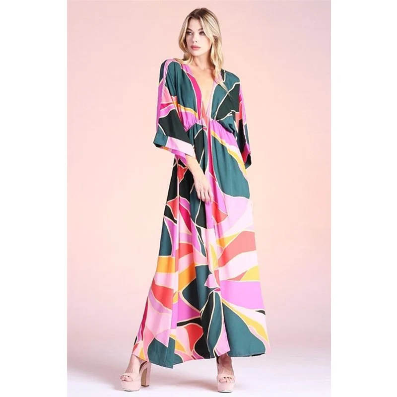 

Elegant Print Loose Waist Long Maxi Dress Women Casual Fashion Long Sleeve V Neck Slit Bohemian Vacation Dress Streetwear