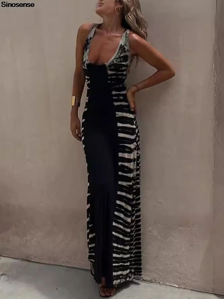 Женское платье-макси с тропическим принтом летнее платье без рукавов в стиле