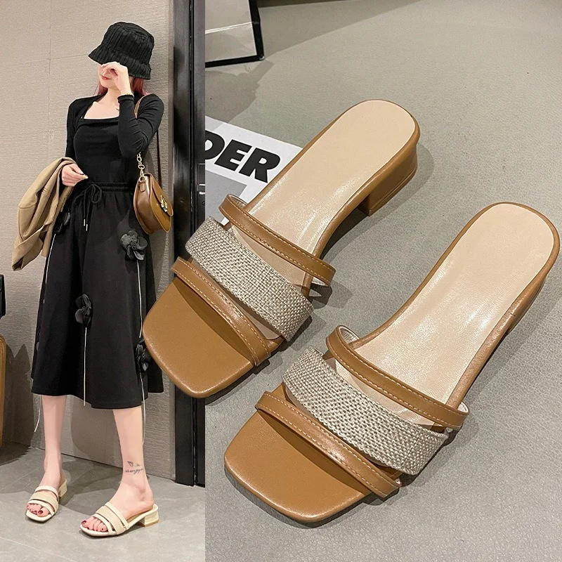 Women's Slippers Summer New Square Toe Open-toe Thick Heel Sandals Women's Korean Version Medium Heel Plus Size 42 Women's Shoes