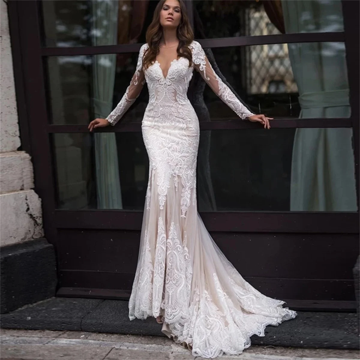 Купи Luxury Mermaid Long Sleeve Lace Wedding Dresses 2022 O-Neck Tulle Bridal Gown Button Sexy Custom Made Robe De Mariee Customize за 9,959 рублей в магазине AliExpress