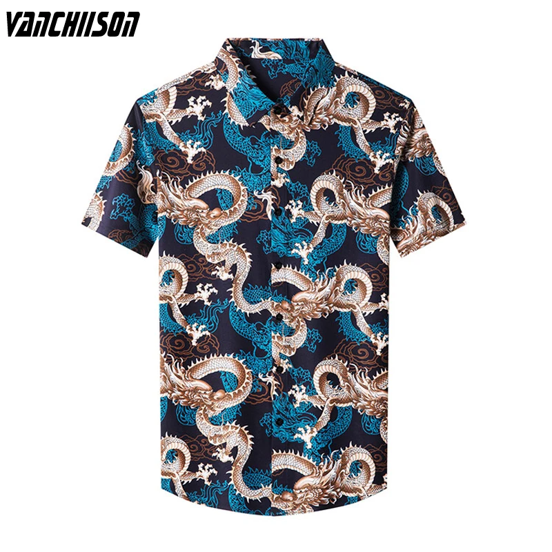

Рубашка TUE25E41 мужская с коротким рукавом, винтажная Уличная Повседневная блуза из 100% хлопка с драконами, модная одежда в стиле ретро, лето