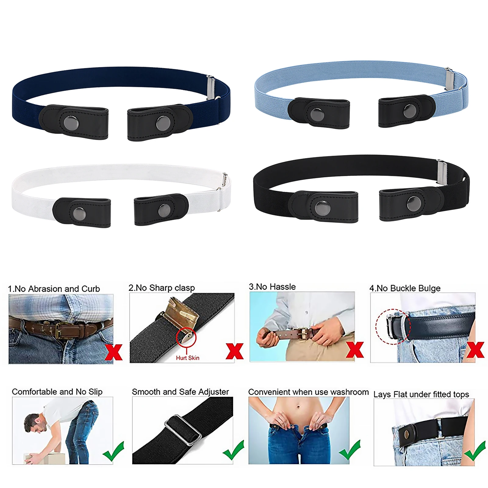 

4pcs No Buckle Stretch Belt Adjustable No Buckle Waist Strap No Bulge Quick Release for Jean Pants Dress for Women Men