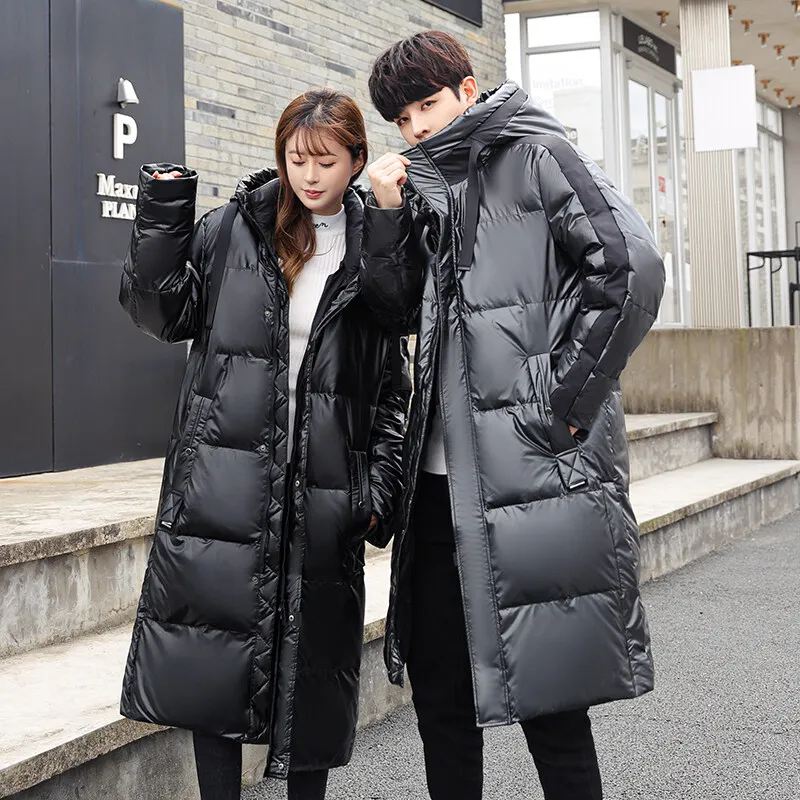 Couples' Clothing Men and Women's Same White Duck Down Jacket Medium Length Winter New Bright Face Hooded Warm Outdoor Jacket