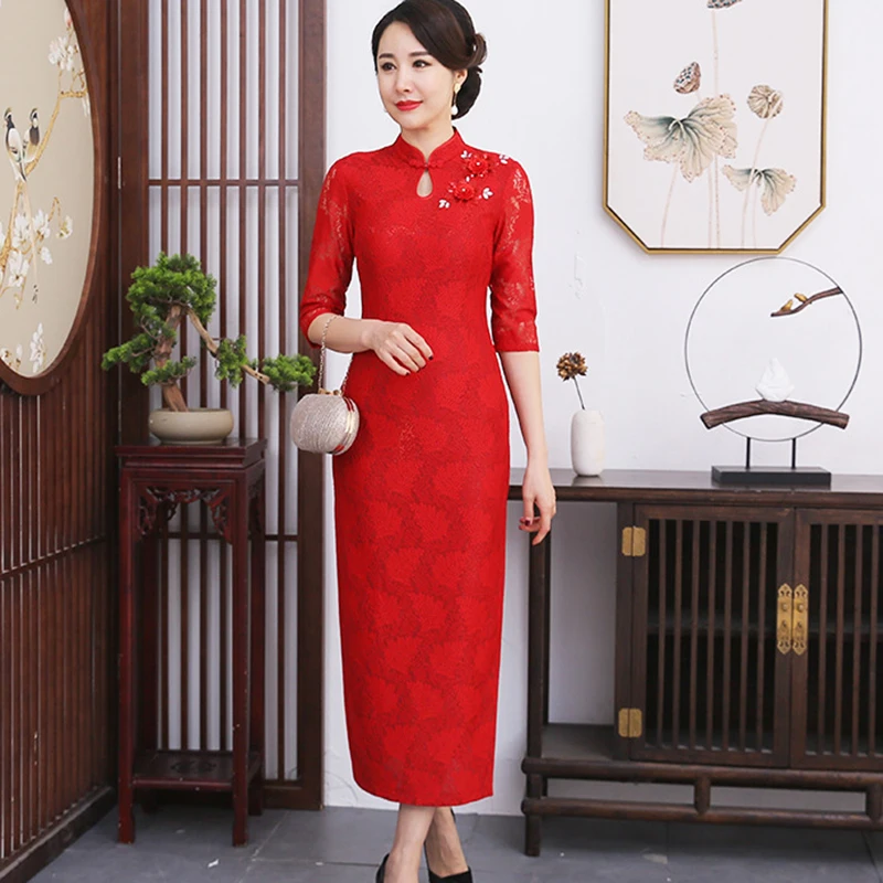 2022 New Chinese Dress Female Vintage Mandarin Collar Qipao Lace Embroidered Cheongsams Evening Party Gown Elegant Vestidos