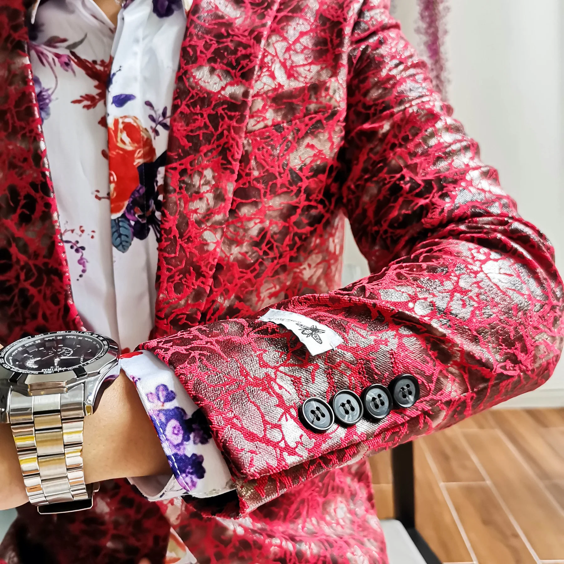 Пиджак мужской с красным принтом модный Блейзер приталенная уличная одежда