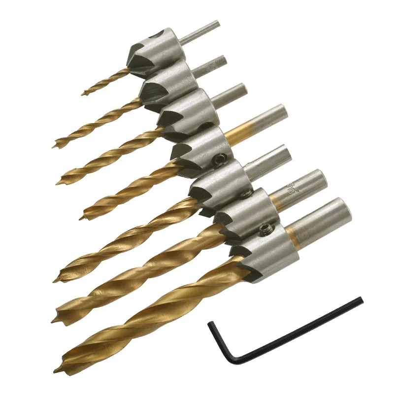 

7pcs 3mm-10mm HSS 5 Flute Countersink Drill Bit Set Carpentry Reamer Woodworking Chamfer End Milling Hole Saw Woodworking Tools