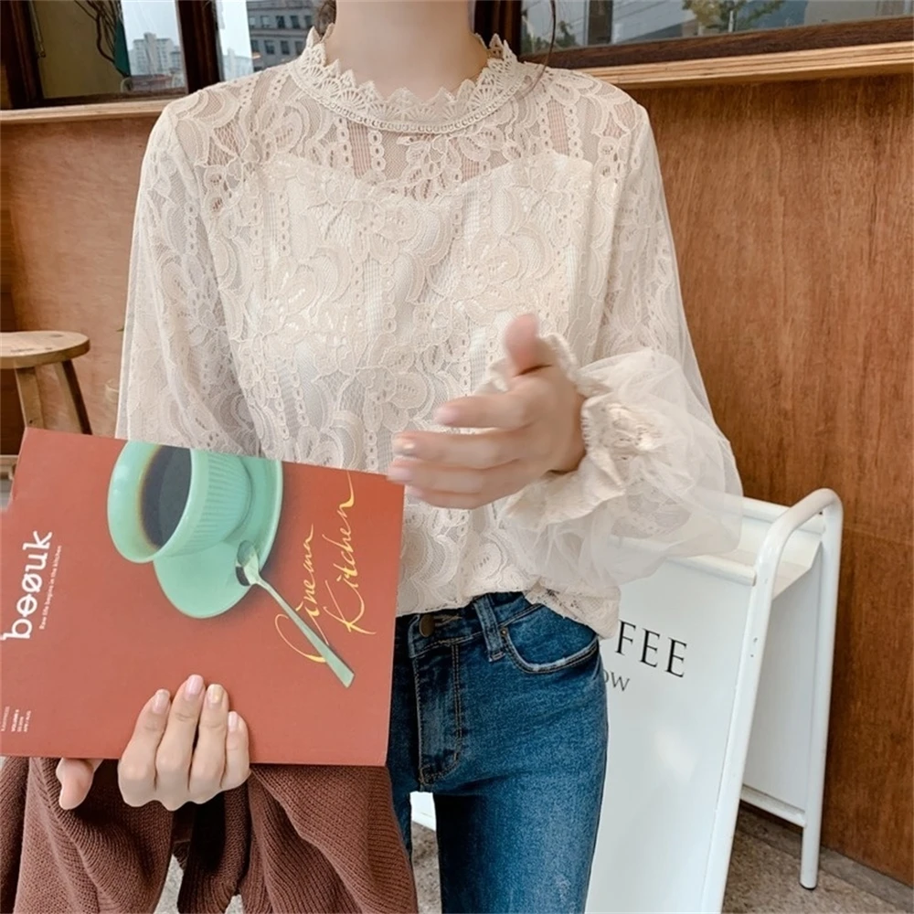 

Long-sleeve female blouse with lace and flashlight, vintage white shirt for fall 2021, sweet Korean outfit