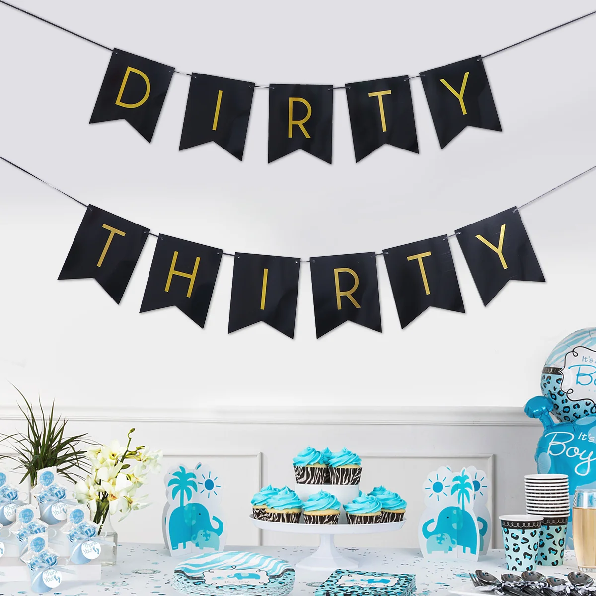 

Birthday Pull Flag Party Decorations Dirty Thirty Letter Gold Fish Tail Pull Flag Paper Banner (Black)