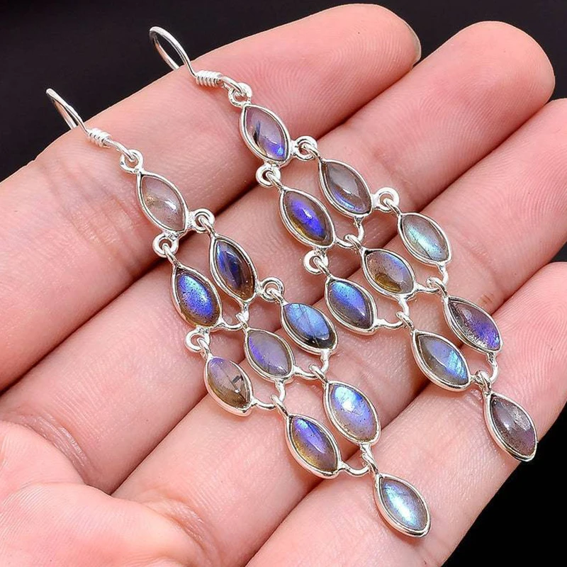 

Silver Color Water Drop Moonstone Hook Dangle Earrings for Women Colorful Willow Leaves Stone Tassel Drop Earrings Boho Jewelry