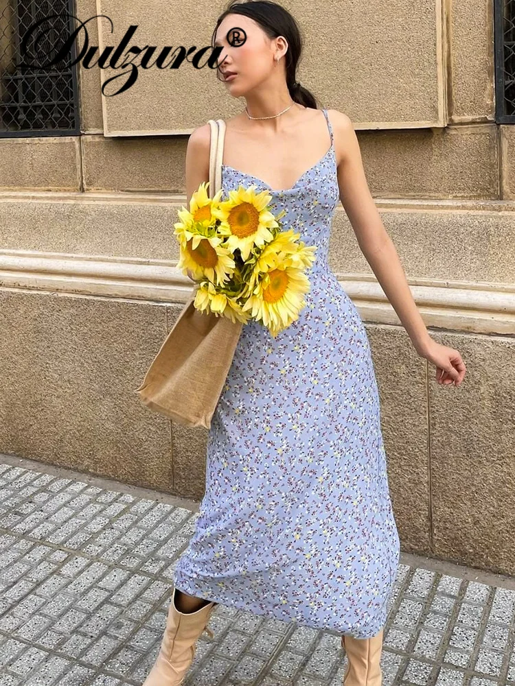 

Dulzura 2022 Summer Women Strap Sexy Y2K Clothes Floral Print Sleeveless Backless Bodycon Midi Dress Outfits Club Birthday Party
