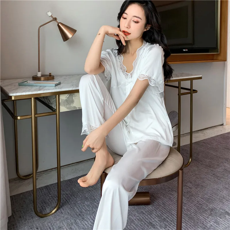 Spring and Summer Women's Ice Silk Pajamas Short Sleeve Trousers Suit Lace Puff Sleeve Women's Women's Pajamas