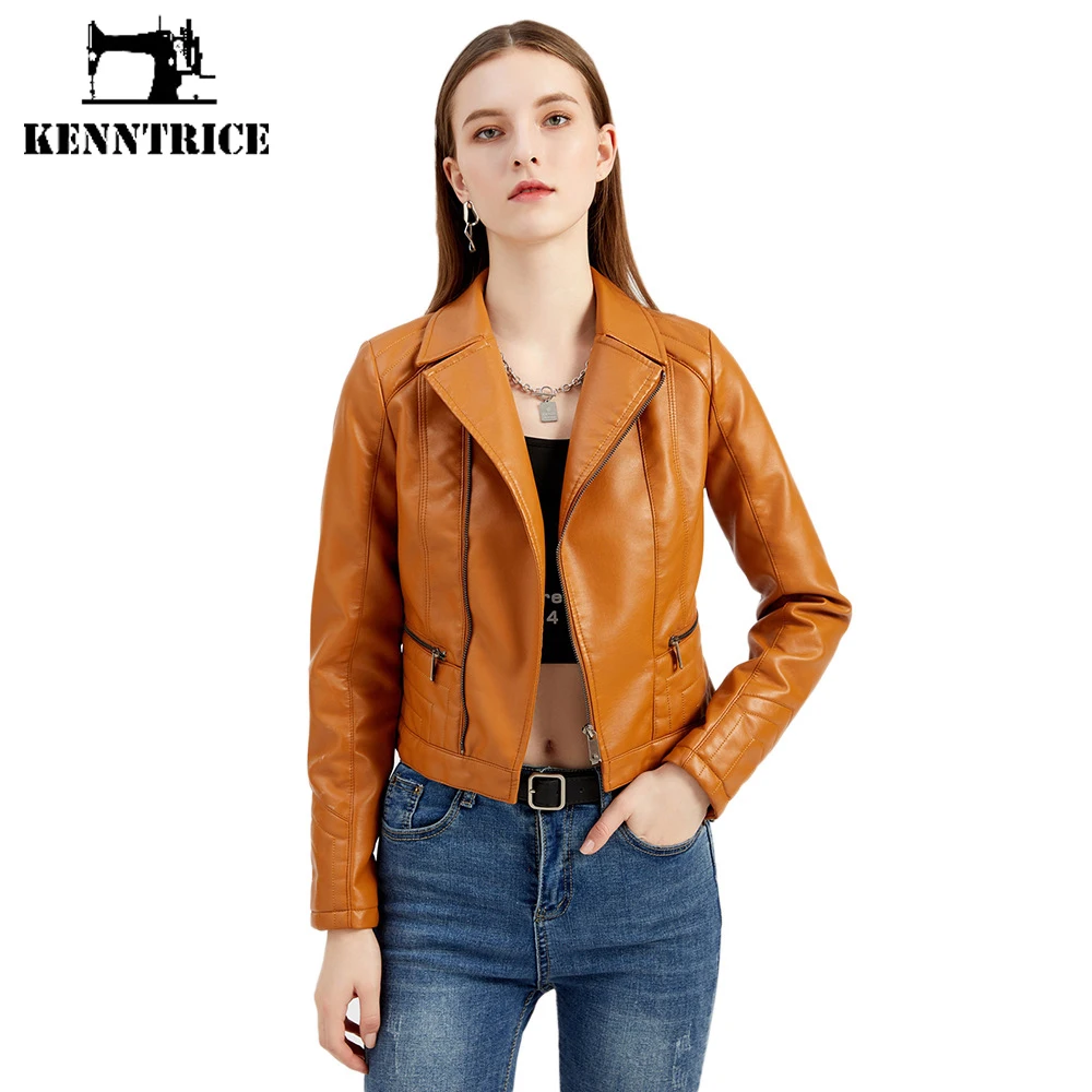 Kenntrice Women PU Leather Jacket 2022 Asymmetric Zip Leather Jackets Outerwear Short Spring Turn Down Collar Fashion Slim Coat