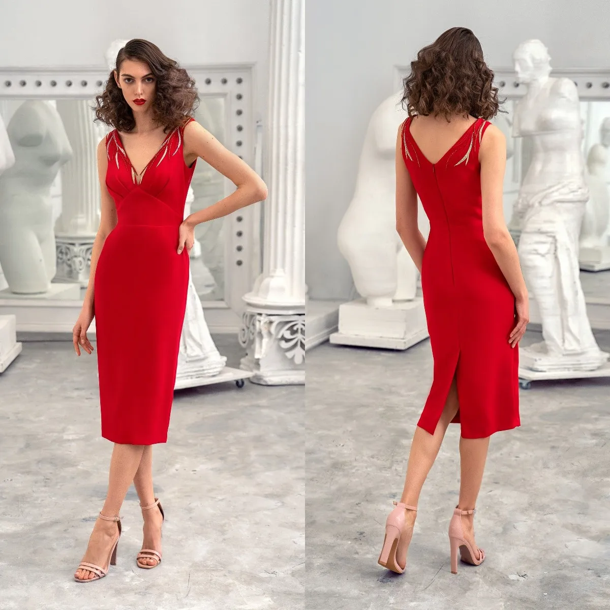 

Sexy Red Cocktail Dresses Deep V Neck Sleeveless Women Prom Gowns Back Split Tea Length Evening Party Robe De Soirée De Mariage