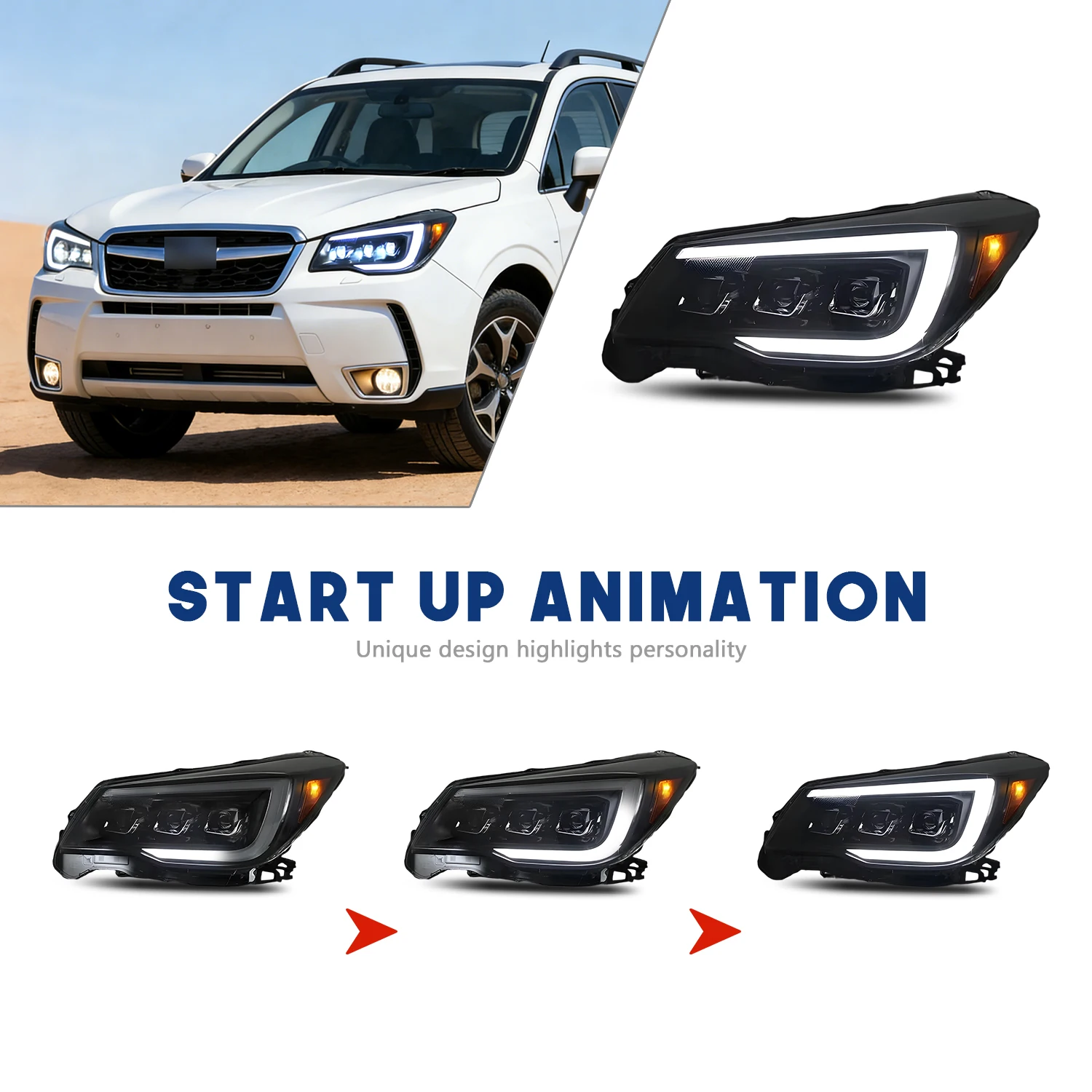 Фото Светодиодные фары HCMOTIONZ для Subaru Forester 2013-2018 с анимацией при запуске, комплект передних фар №4