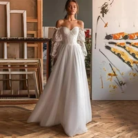 sweetheart lantern sleeve wedding dress lace appliques a line sparkle bridal gown backless button off shoulder robes de mariee