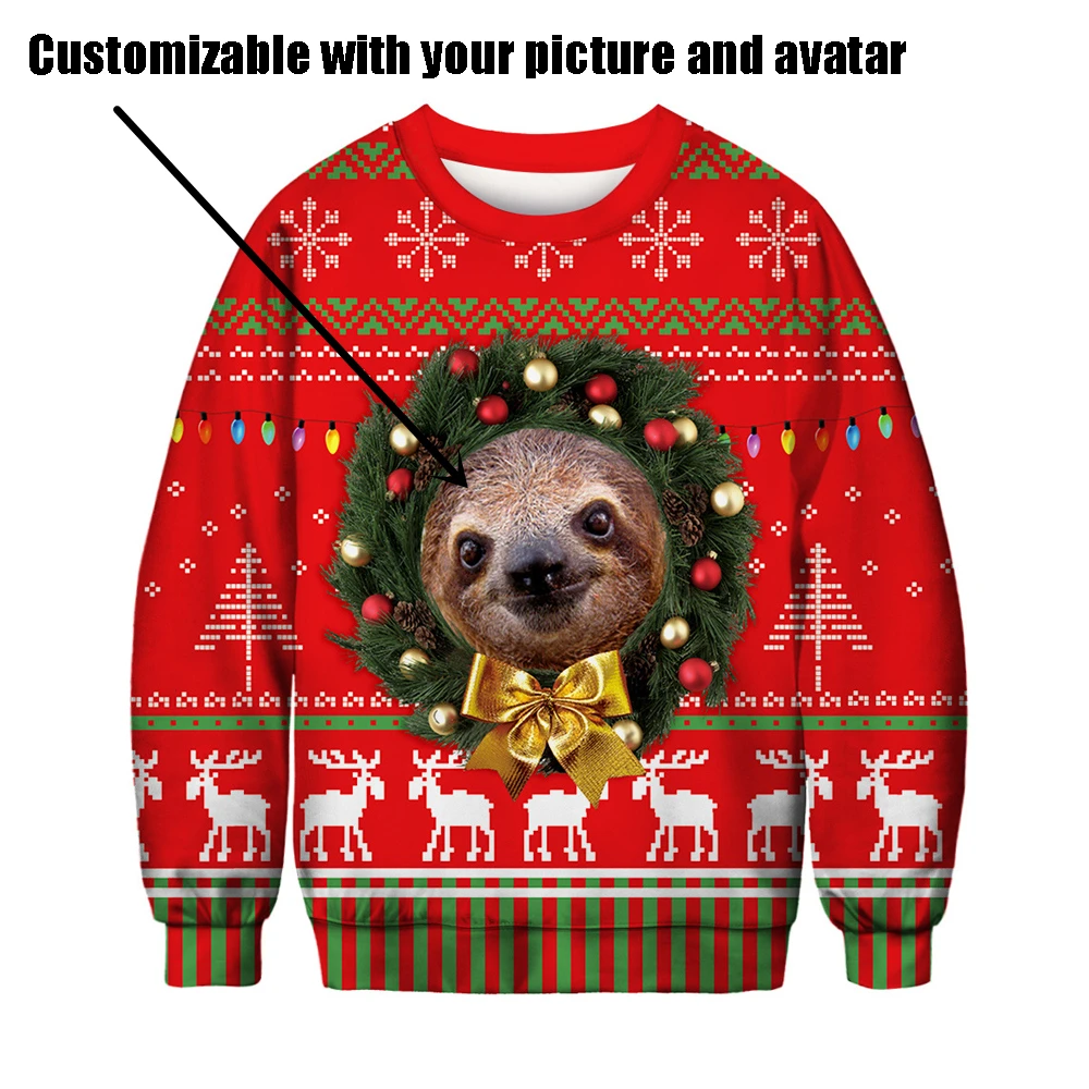 

New Christmas Crew Neck Sweater Animal 3D Printing Ugly Christmas Dress Men and Women Hoodless Sweater Customize Your Avatar