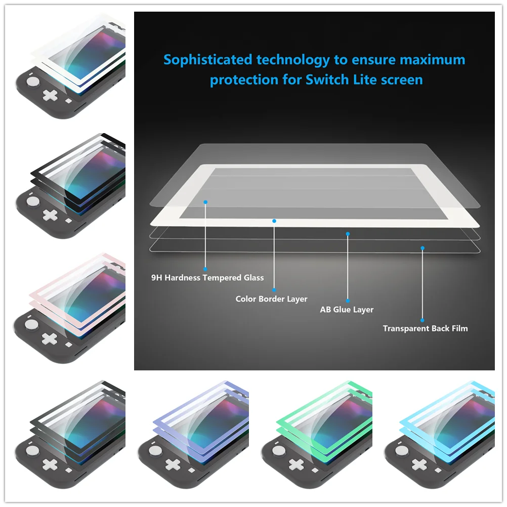 EXtremeRate-Protector de pantalla de vidrio templado para NS Switch Lite, película protectora transparente HD, borde colorido, paquete de 2 unidades