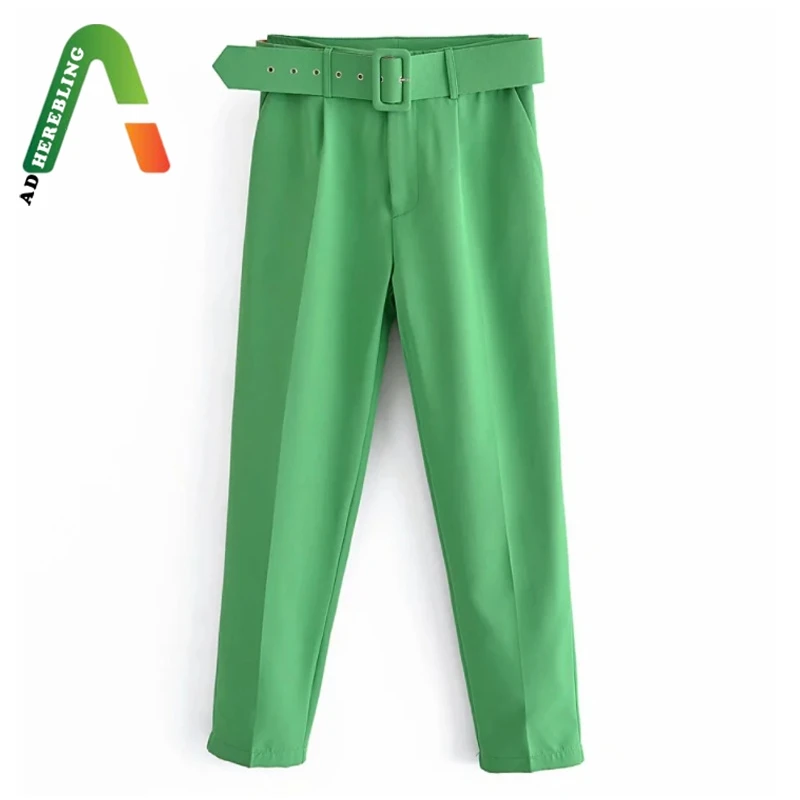 Женские брюки с поясом Adherebling Traf офисные прямые до щиколотки высокой талией и