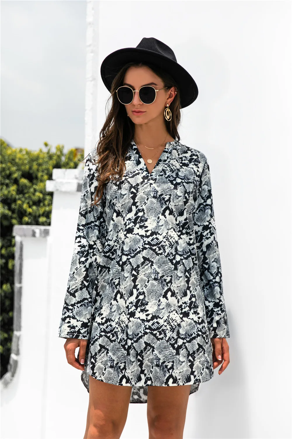 

2022 Autumn/Winter New Women's Temperament V-neck Printed Loose Casual Shirt Dress